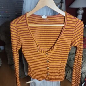 Garage Mustard and Rust Striped Button-Down Top
